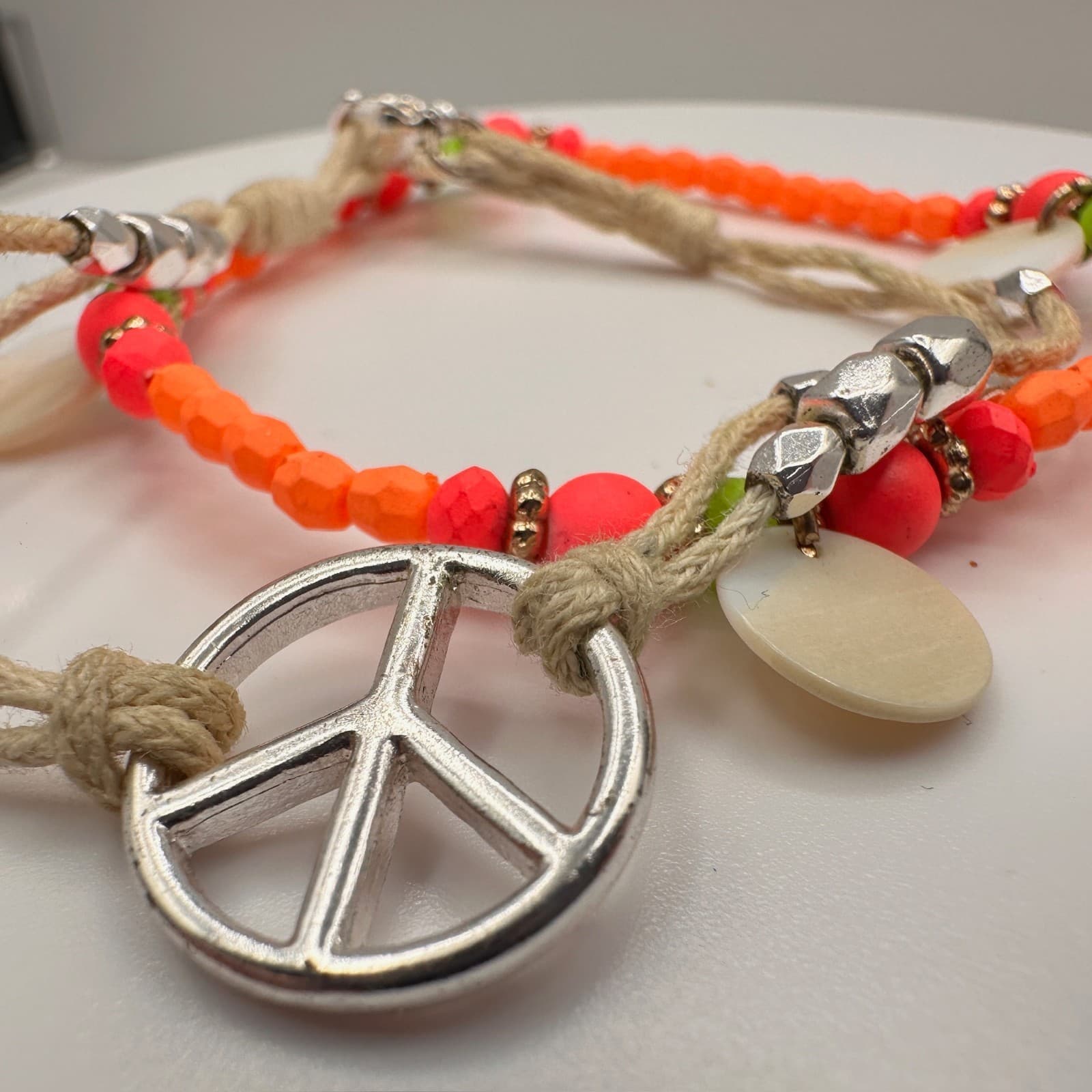 Vintage 90s Peace Sign Beaded Cord Bracelet Orange Pink Boho Jewelry - Thumbnail 7