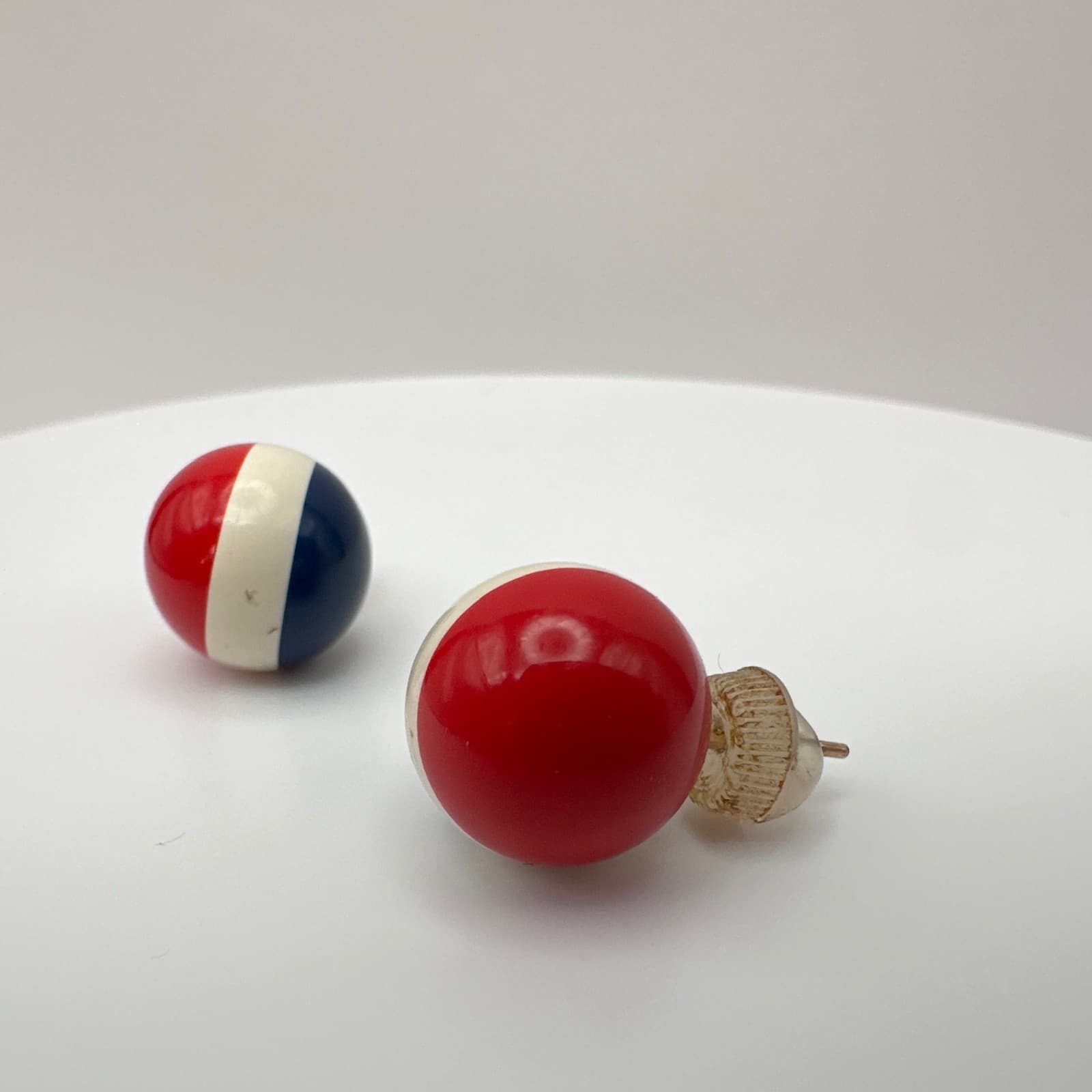 Vintage 90s Red White Blue Striped Round Mod Button Stud Earrings Jewelry - Thumbnail 7