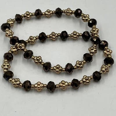 Vintage Gold Tone & Smoky Brown Faceted Glass Bead Stretch Bracelet Set of Two - Thumbnail 3