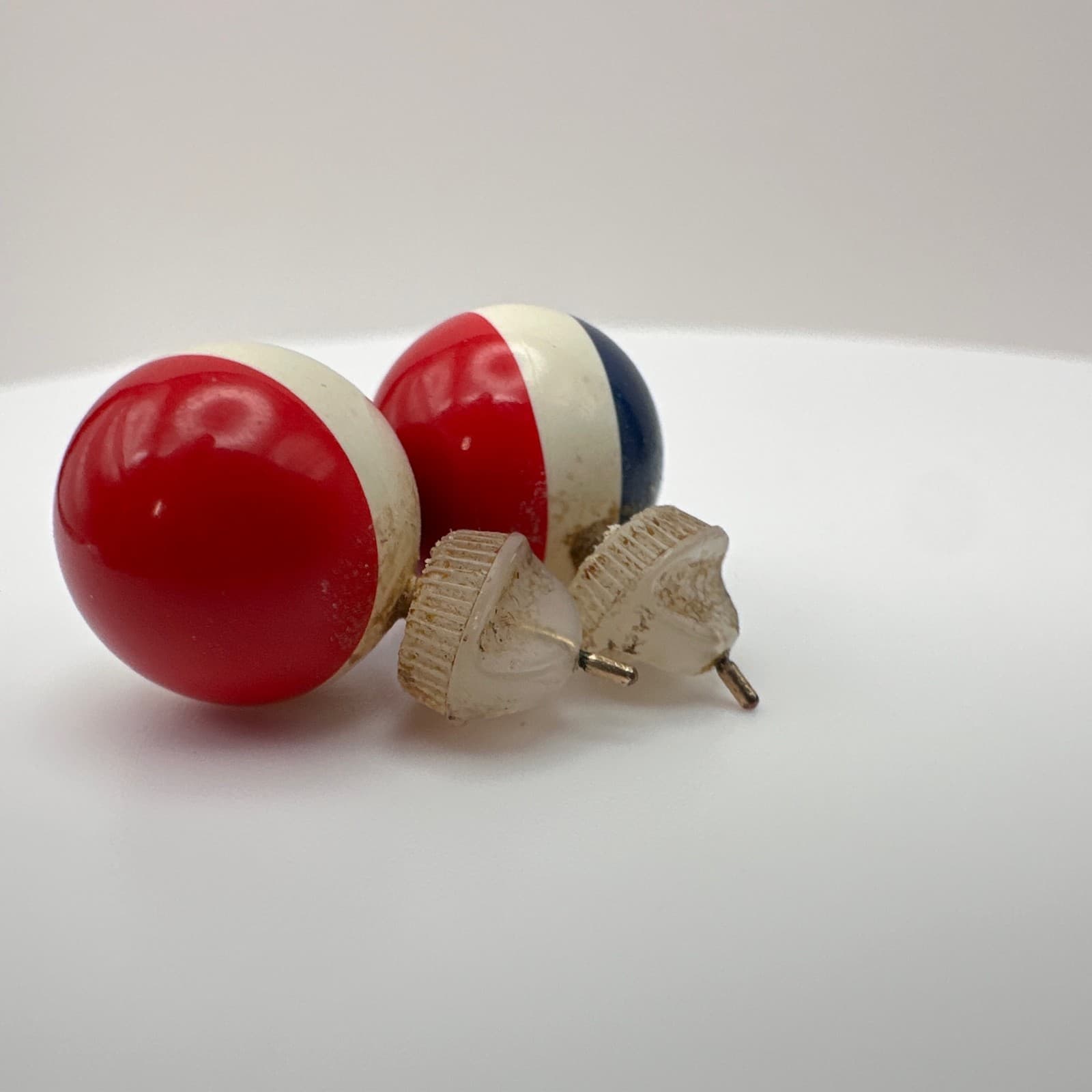 Vintage 90s Red White Blue Striped Round Mod Button Stud Earrings Jewelry - Thumbnail 8