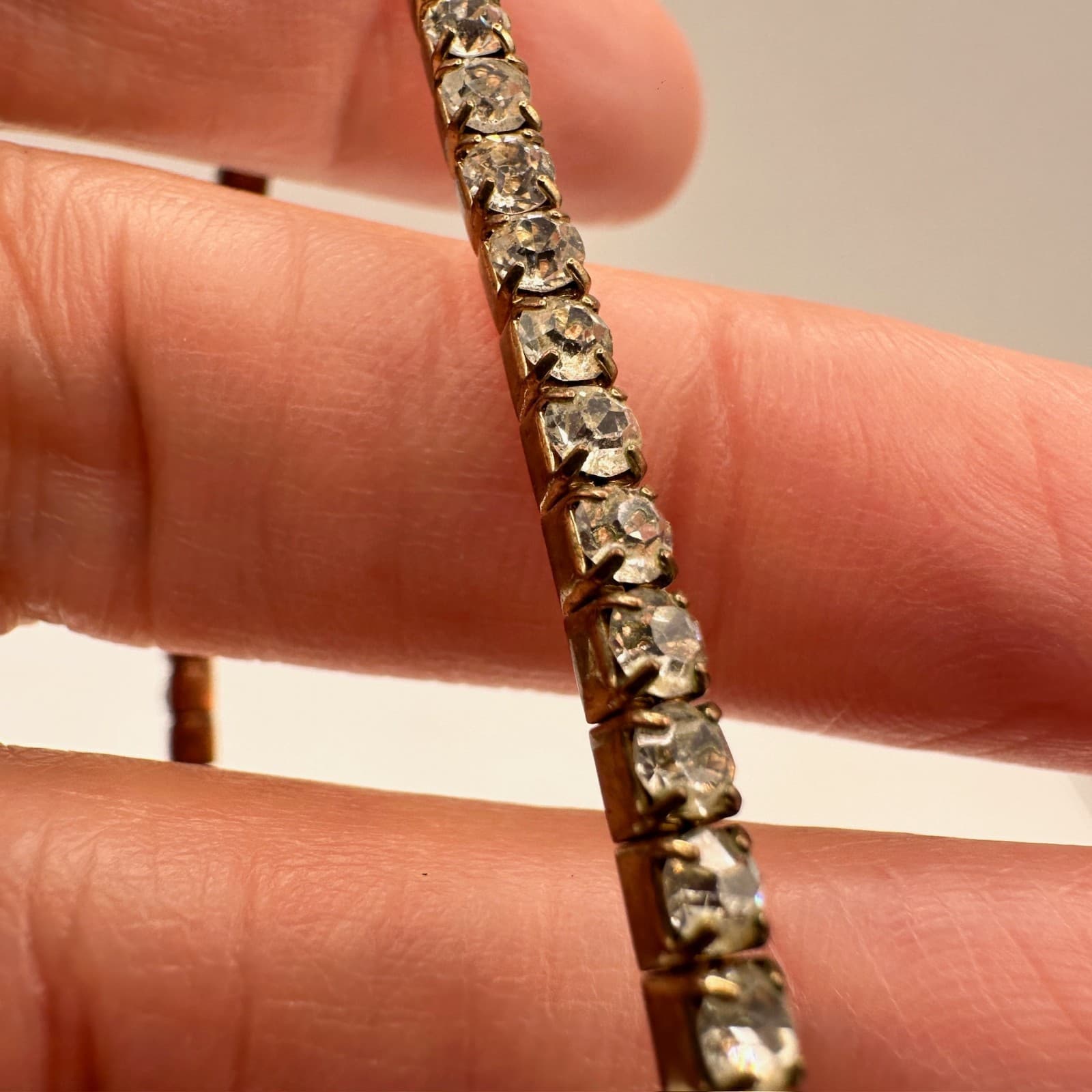 Vintage 90s Gold Tone Clear Rhinestone Tennis Bracelet Sparkly Statement Jewelry - Thumbnail 10