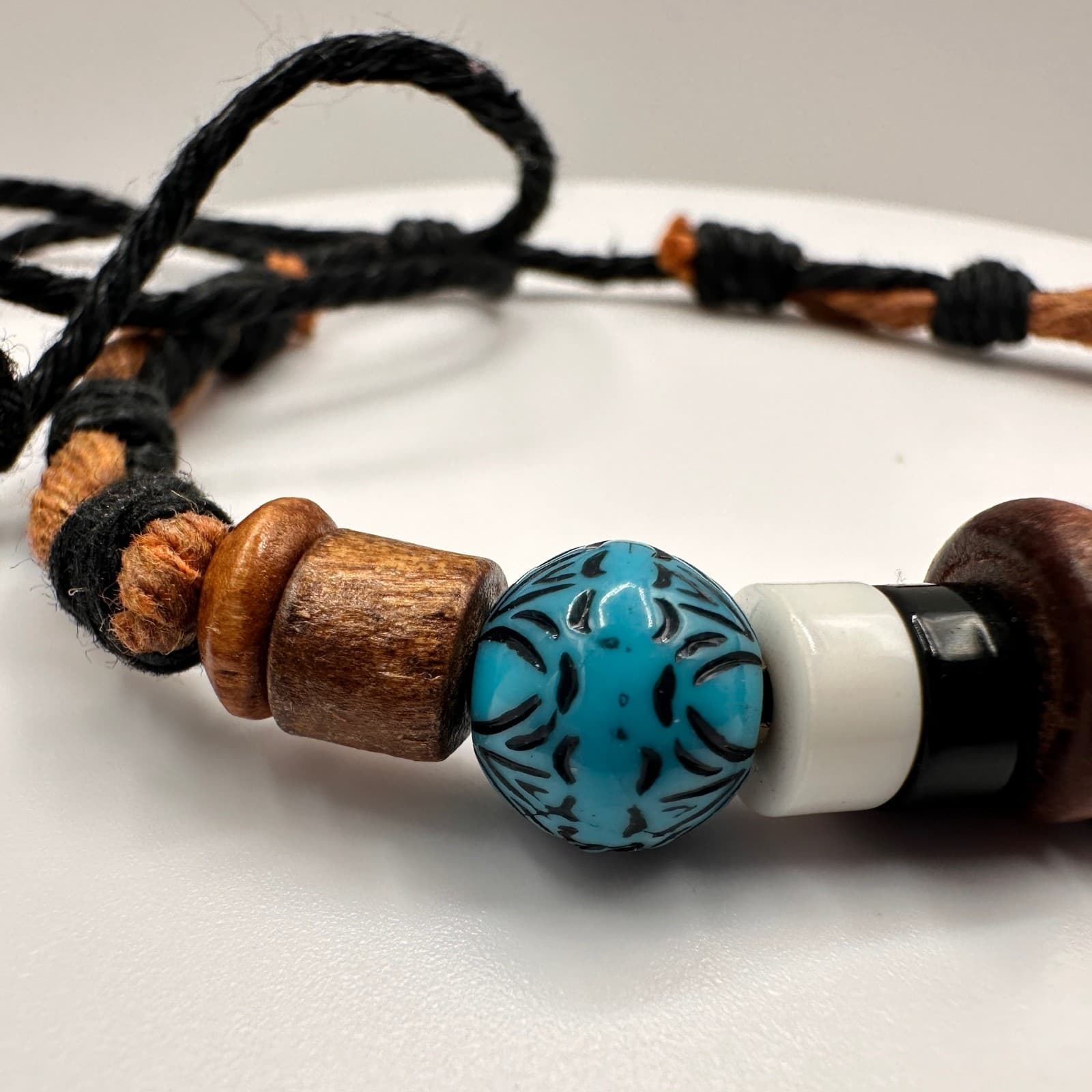 Vintage 90s Tribal Beaded Cord Bracelet Blue Black Stone Wood Boho Jewelry - Thumbnail 3