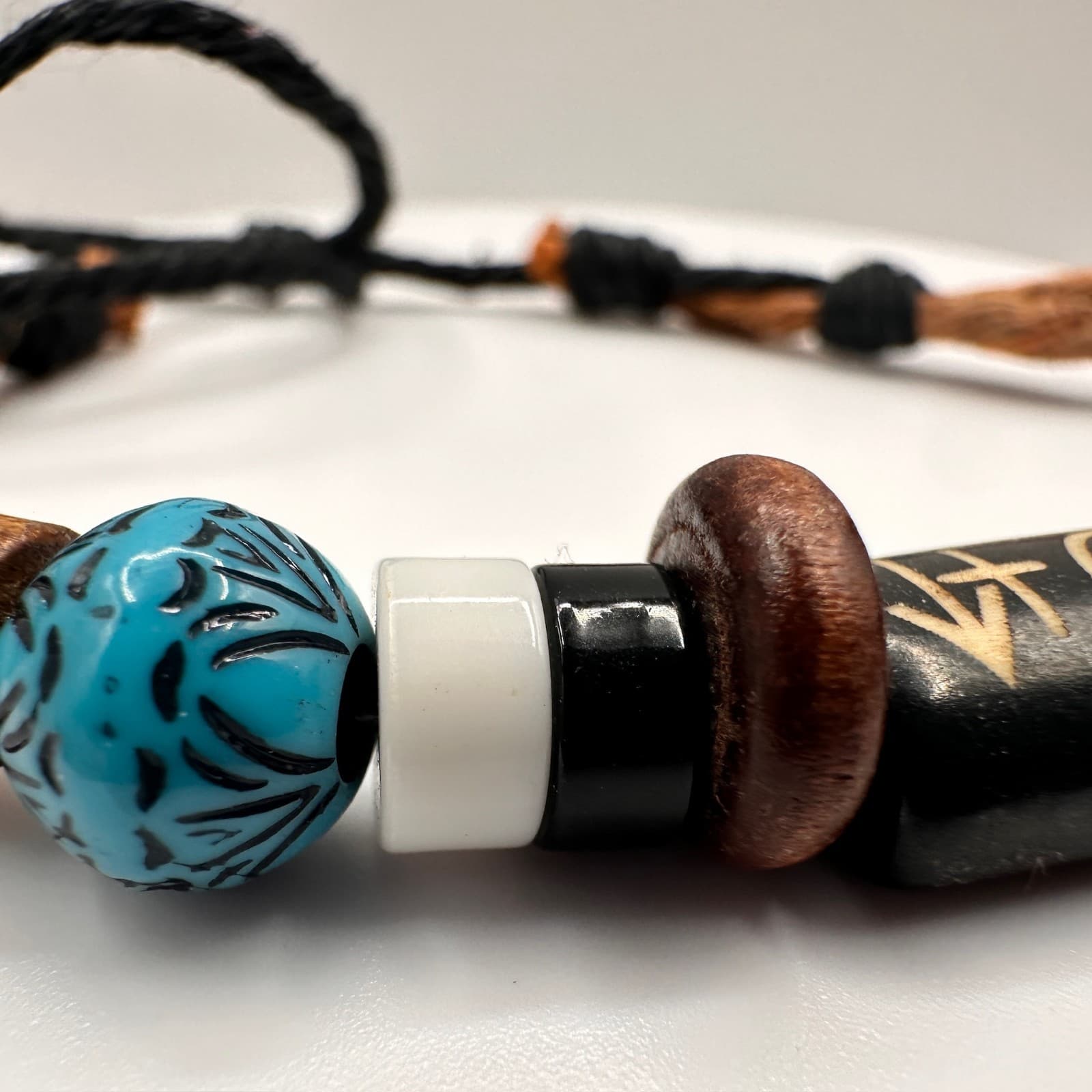 Vintage 90s Tribal Beaded Cord Bracelet Blue Black Stone Wood Boho Jewelry - Thumbnail 4