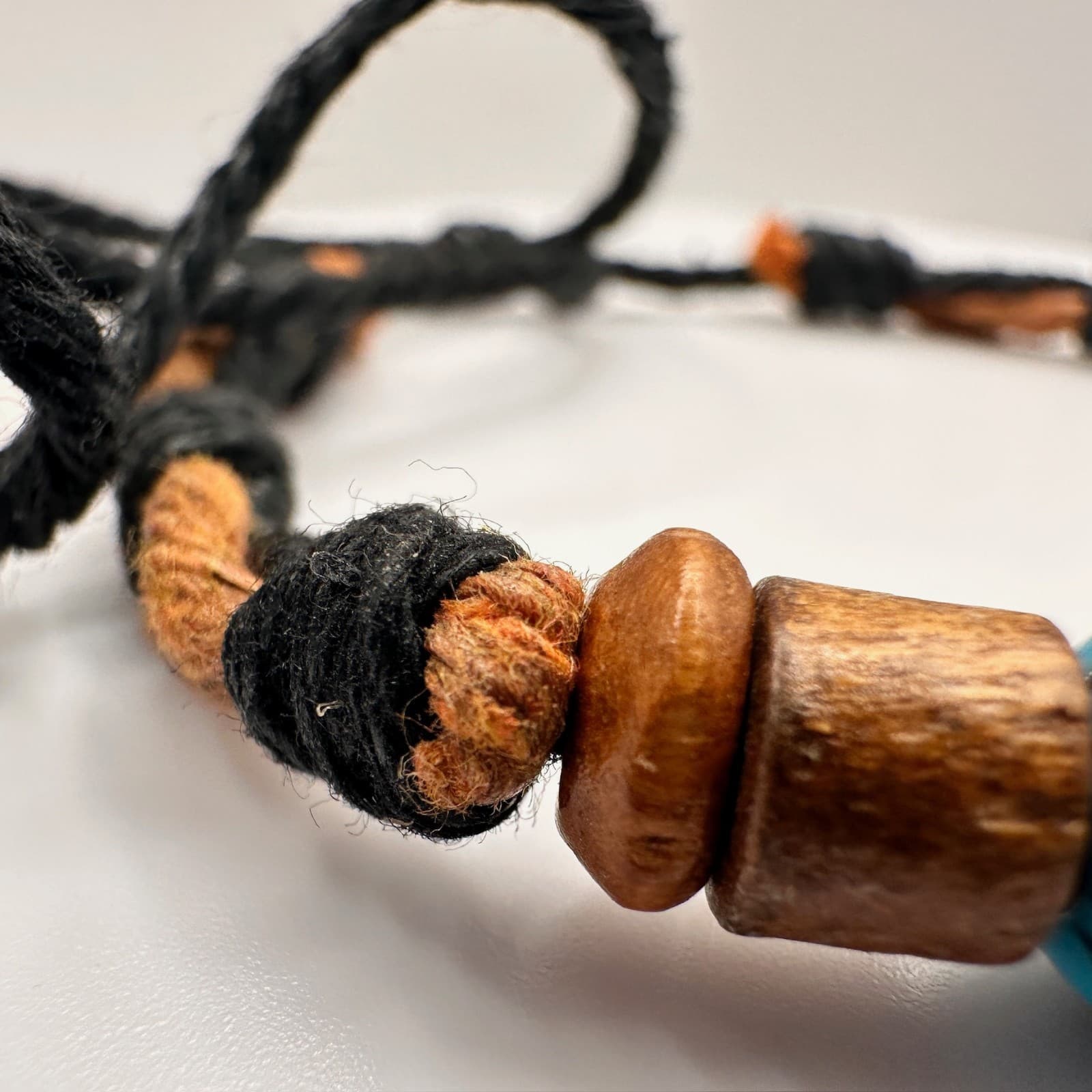 Vintage 90s Tribal Beaded Cord Bracelet Blue Black Stone Wood Boho Jewelry - Thumbnail 5