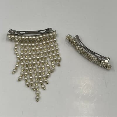 Vintage 2pc Faux Pearl Hair Barrette Set Waterfall Fringe Drape Beaded Wedding - Thumbnail 8