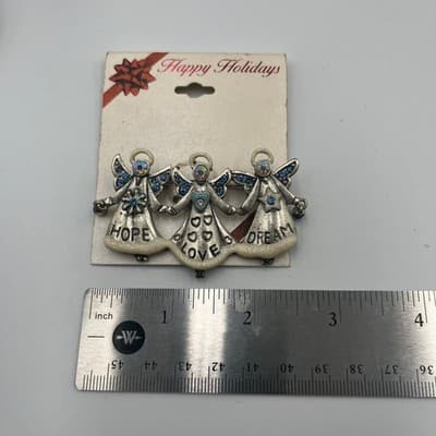 Vintage Silver Tone Three Angels Brooch Pin Hope Love Dream Blue Crystal Enamel - Thumbnail 6