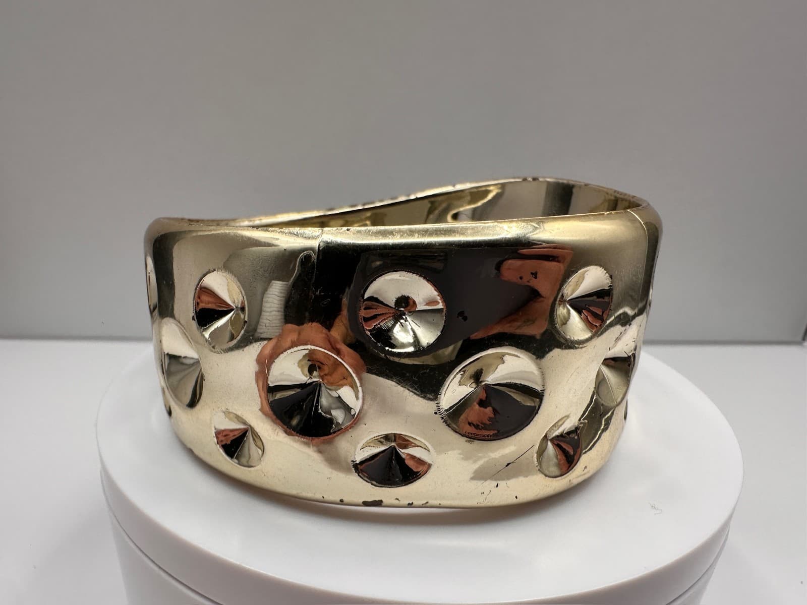 Vintage 90s Gold Tone Wide Cuff Bracelet Studded Dome Design Fashion Jewelry - Image 1