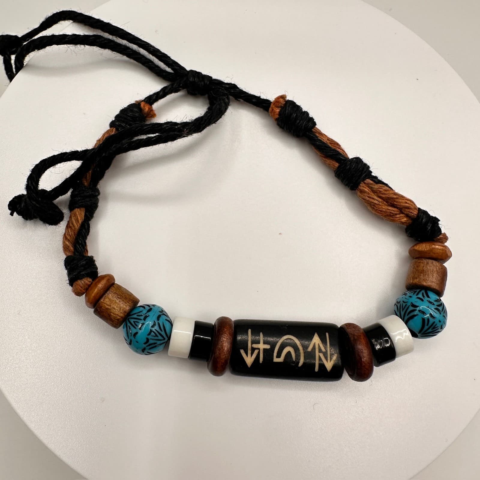 Vintage 90s Tribal Beaded Cord Bracelet Blue Black Stone Wood Boho Jewelry - Thumbnail 2