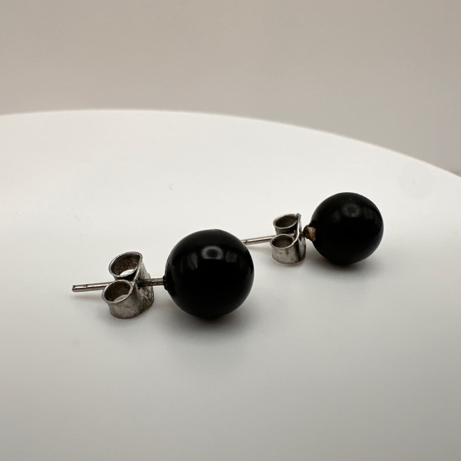 Vintage 90s Round Black Onyx Ball Stud Earrings Silver tone Posts Jewelry - Thumbnail 3