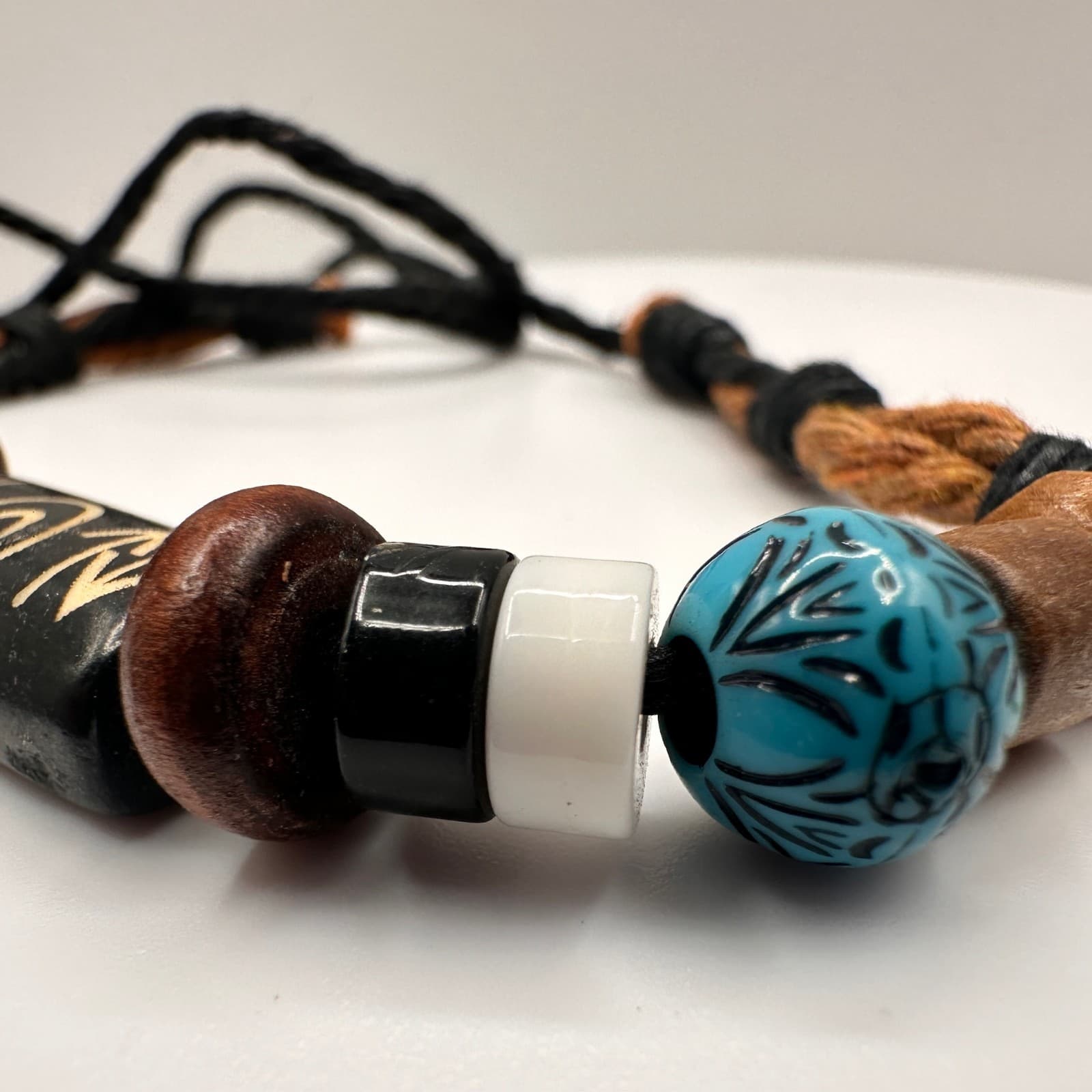 Vintage 90s Tribal Beaded Cord Bracelet Blue Black Stone Wood Boho Jewelry - Thumbnail 6