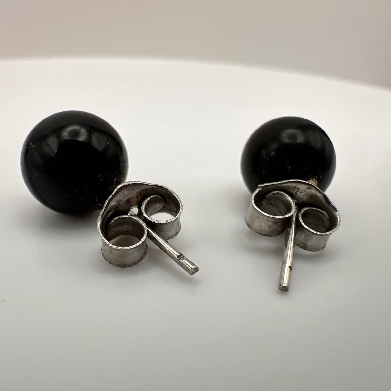 Vintage 90s Round Black Onyx Ball Stud Earrings Silver tone Posts Jewelry - Thumbnail 7