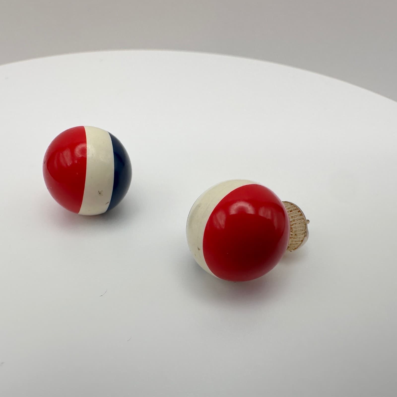 Vintage 90s Red White Blue Striped Round Mod Button Stud Earrings Jewelry - Thumbnail 5