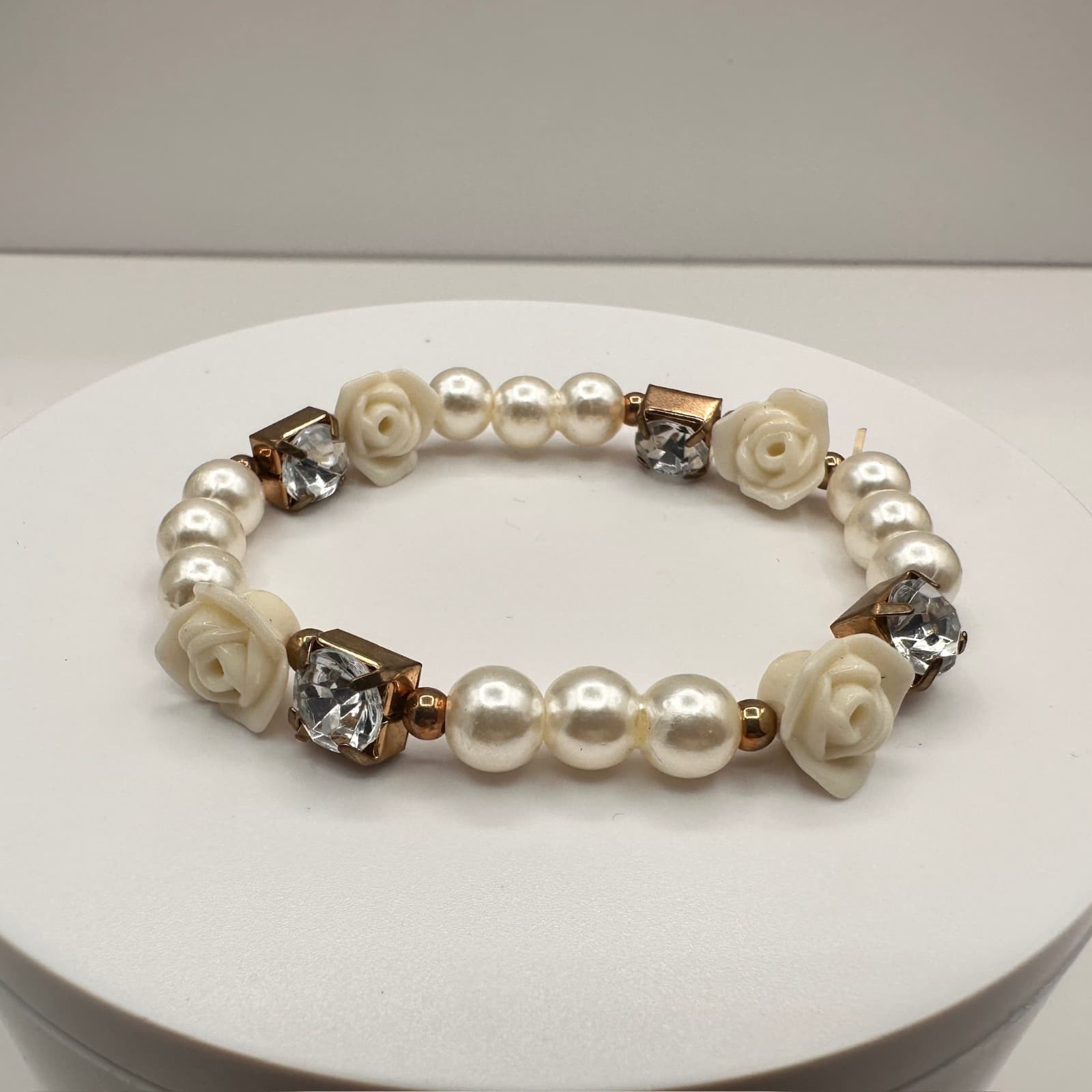 Vintage 90s Faux Pearl Carved Rose Stretch Bracelet Gold Tone Rhinestone Cream - Image 1
