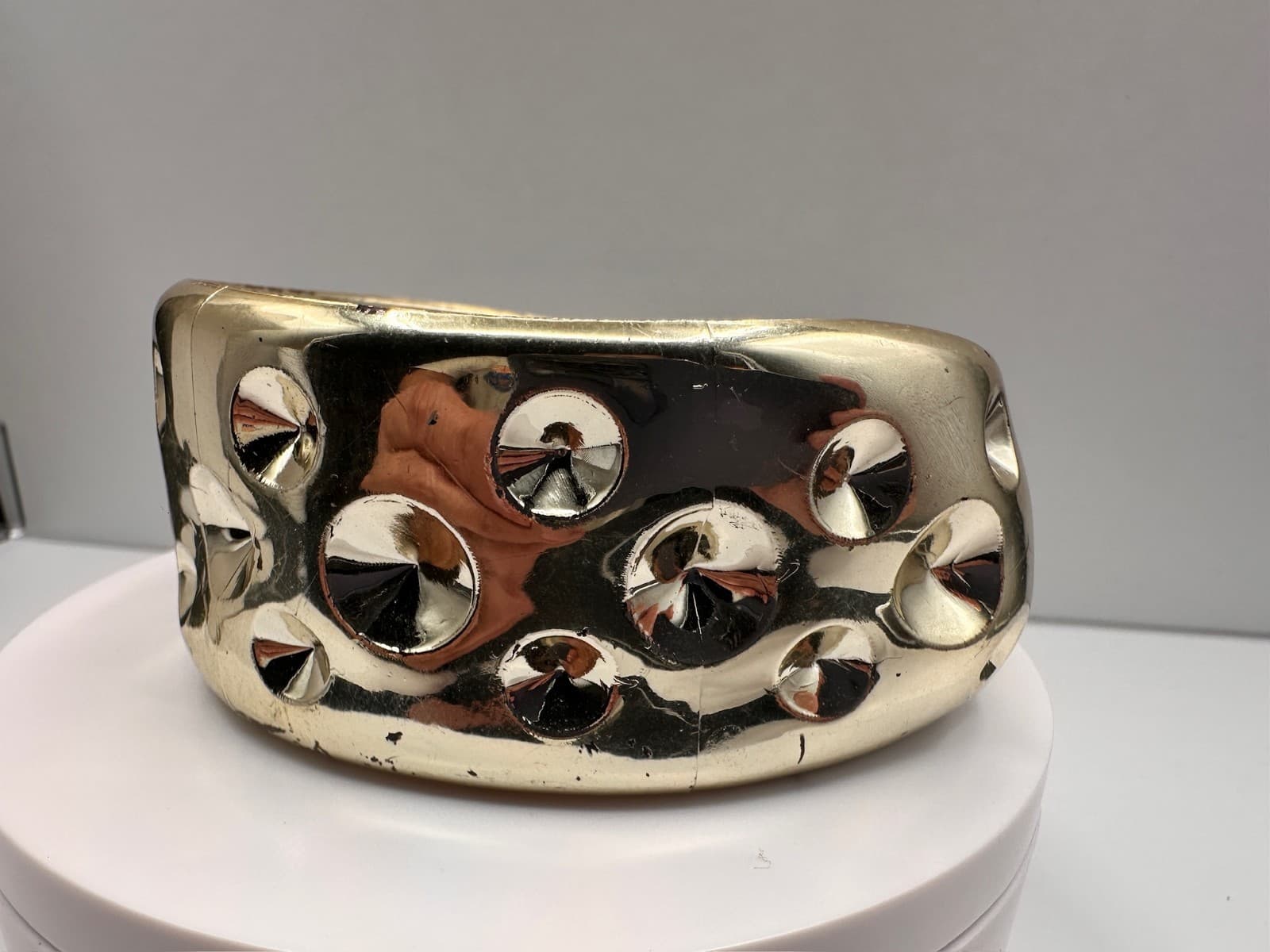 Vintage 90s Gold Tone Wide Cuff Bracelet Studded Dome Design Fashion Jewelry - Thumbnail 6