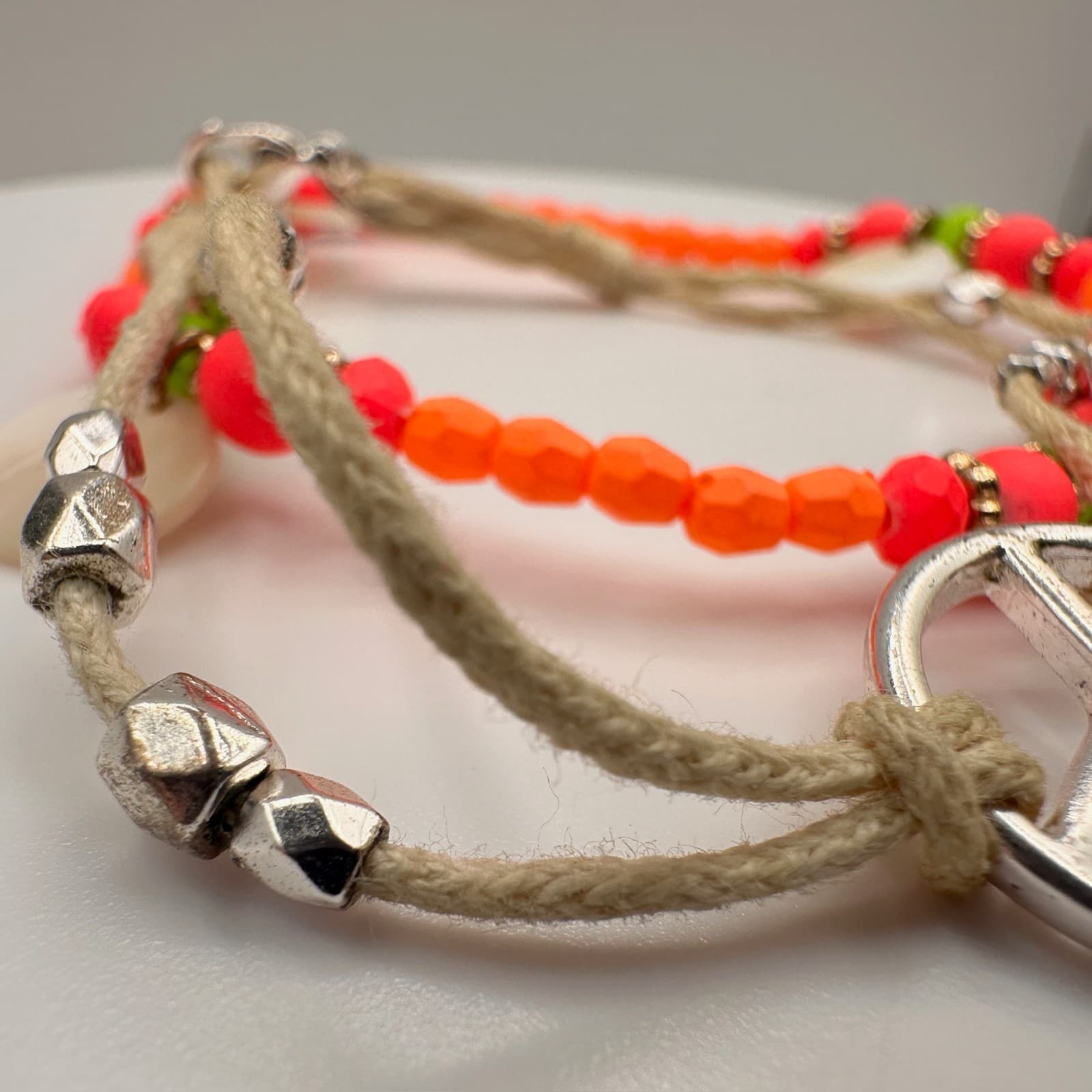 Vintage 90s Peace Sign Beaded Cord Bracelet Orange Pink Boho Jewelry - Thumbnail 4