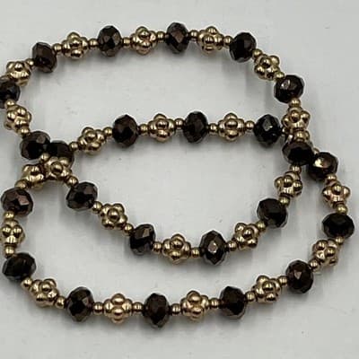 Vintage Gold Tone & Smoky Brown Faceted Glass Bead Stretch Bracelet Set of Two - Thumbnail 4