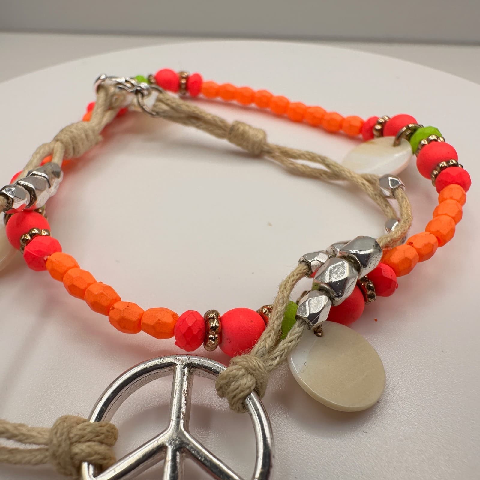 Vintage 90s Peace Sign Beaded Cord Bracelet Orange Pink Boho Jewelry - Thumbnail 8
