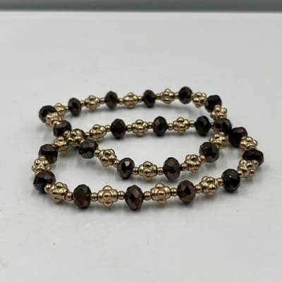 Vintage Gold Tone & Smoky Brown Faceted Glass Bead Stretch Bracelet Set of Two - Thumbnail 5