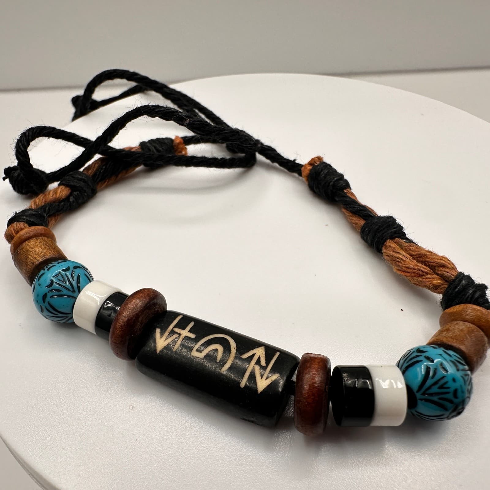 Vintage 90s Tribal Beaded Cord Bracelet Blue Black Stone Wood Boho Jewelry - Thumbnail 7