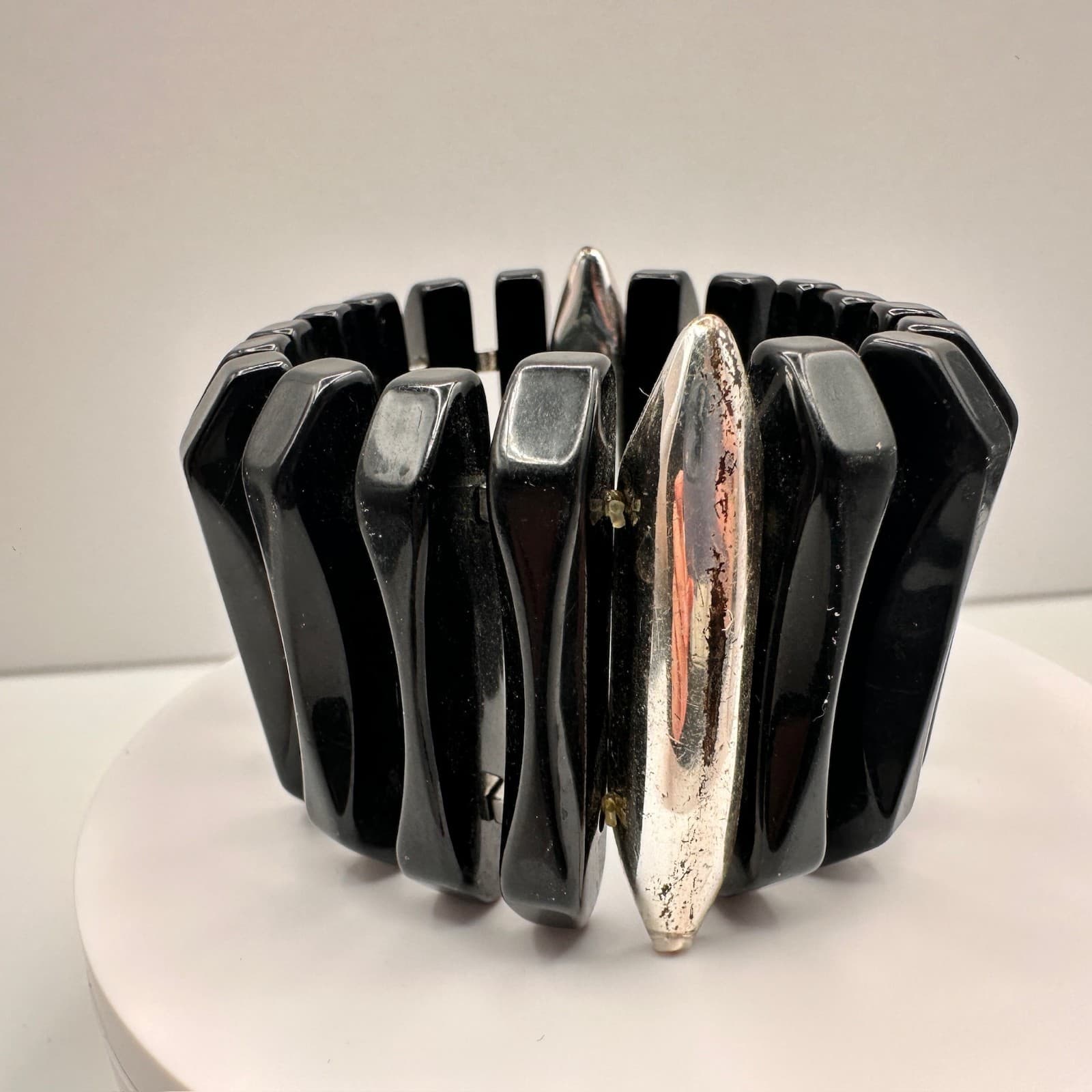 Vintage 80s 90s Black Beaded Stretch Bracelet Silver Tone Spacer Chunky Jewelry - Image 1