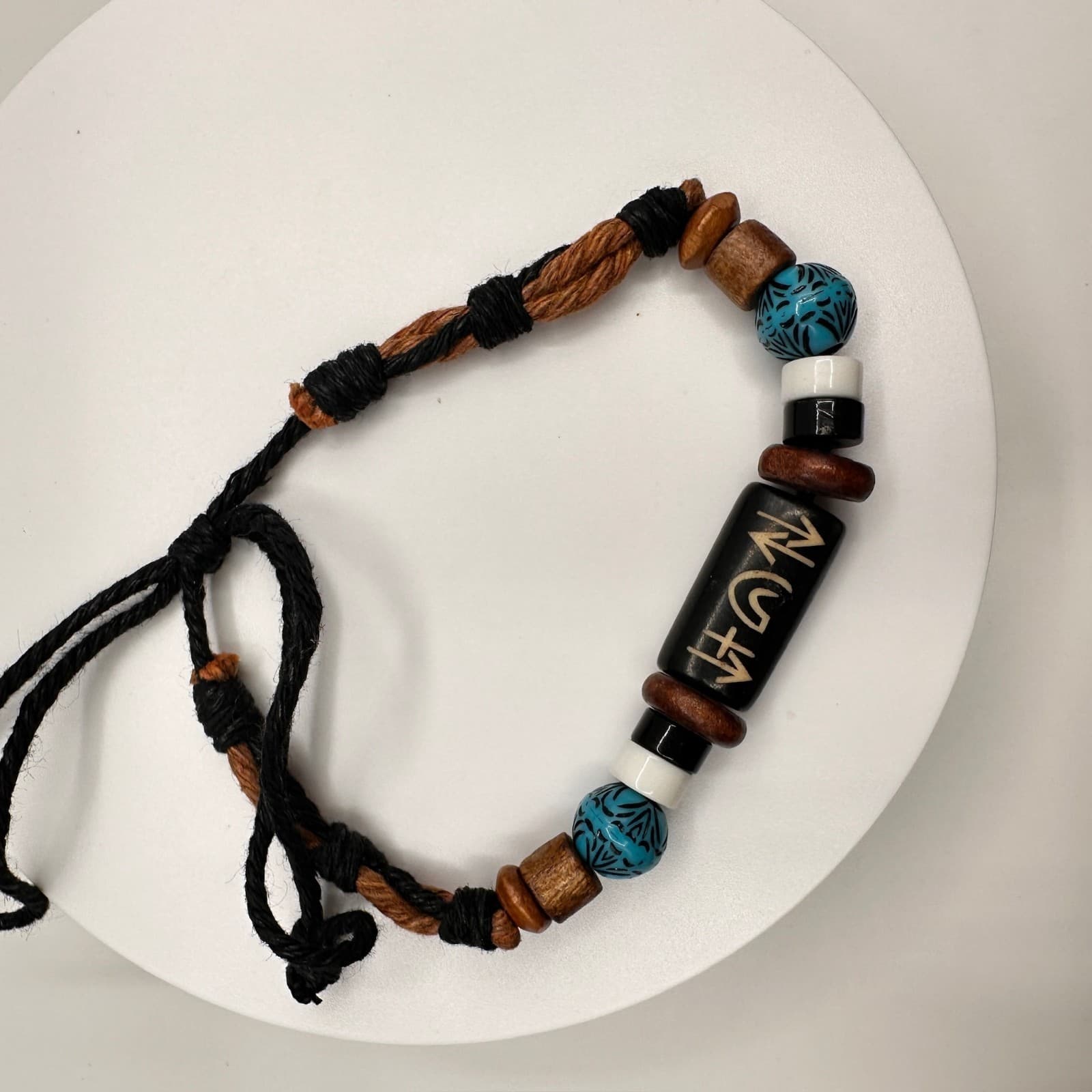 Vintage 90s Tribal Beaded Cord Bracelet Blue Black Stone Wood Boho Jewelry - Thumbnail 8