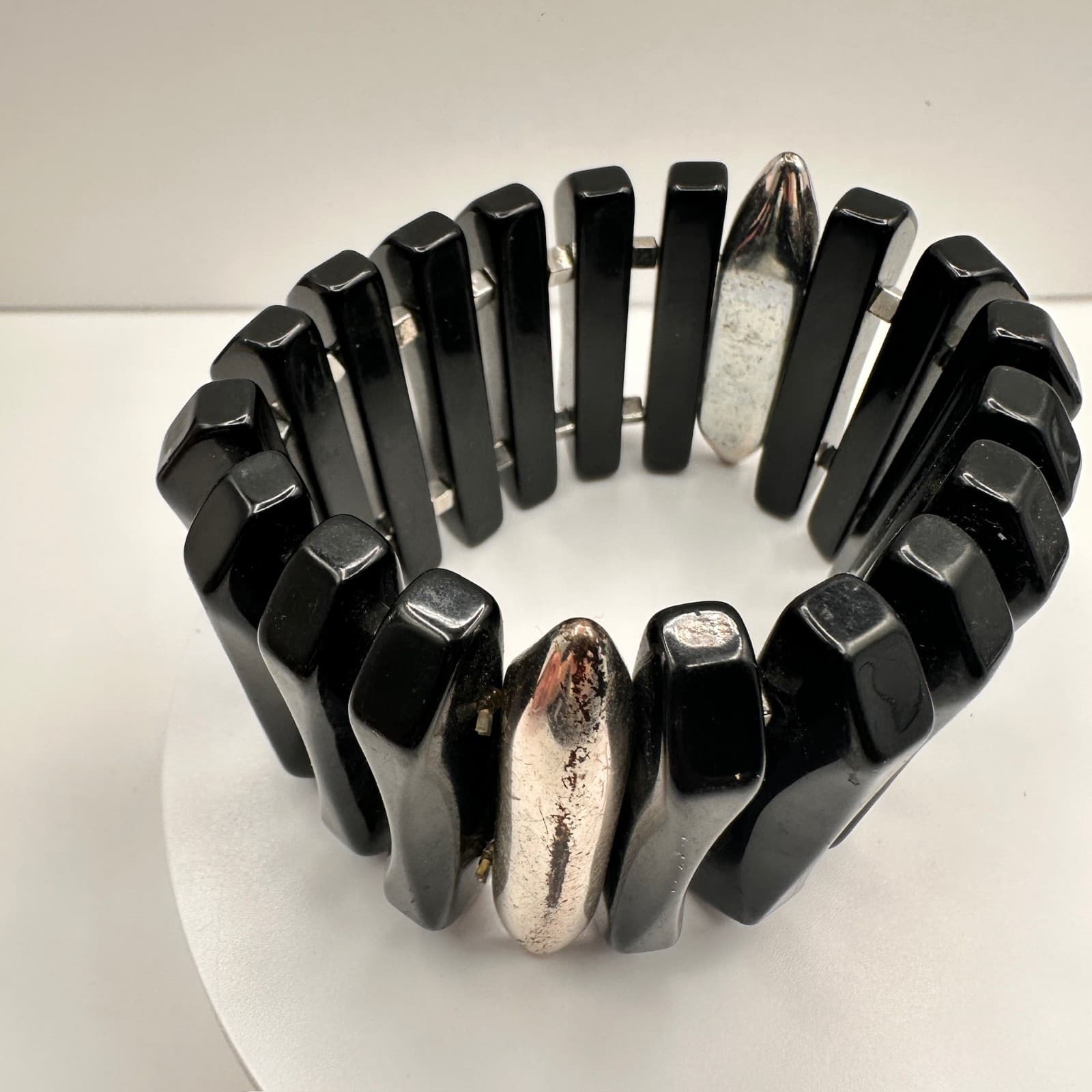 Vintage 80s 90s Black Beaded Stretch Bracelet Silver Tone Spacer Chunky Jewelry - Thumbnail 10