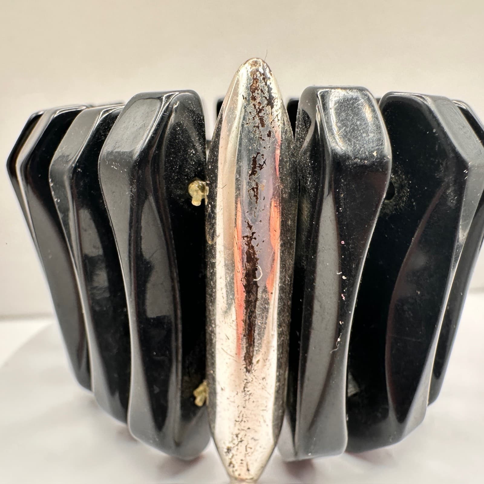 Vintage 80s 90s Black Beaded Stretch Bracelet Silver Tone Spacer Chunky Jewelry - Thumbnail 8