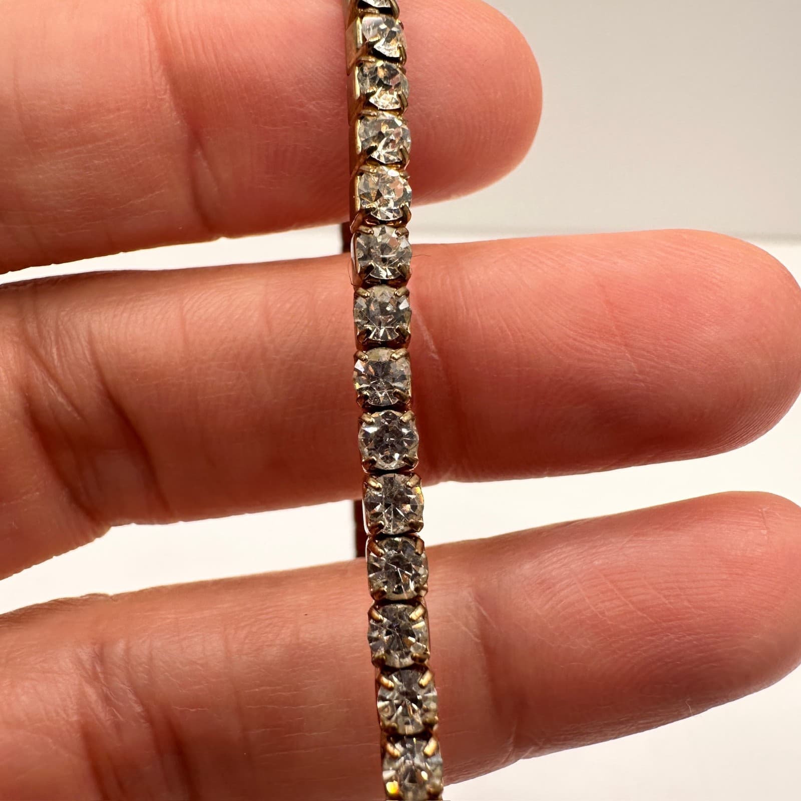 Vintage 90s Gold Tone Clear Rhinestone Tennis Bracelet Sparkly Statement Jewelry - Thumbnail 8