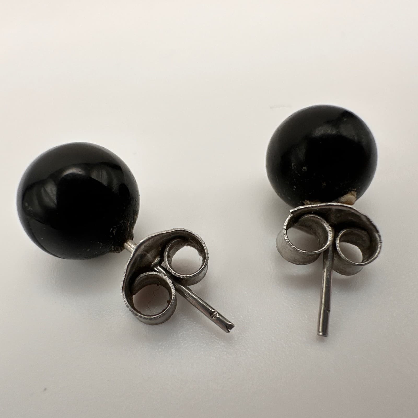 Vintage 90s Round Black Onyx Ball Stud Earrings Silver tone Posts Jewelry - Thumbnail 8