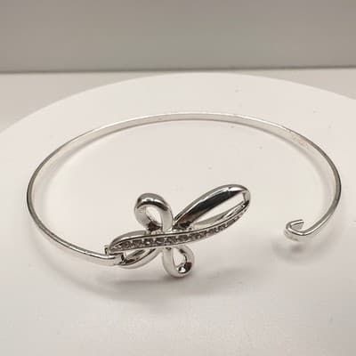Vintage Y2K Silver Tone Bow Hand Bangle Bracelet Clear Rhinestone Boho Jewelry - Image 1