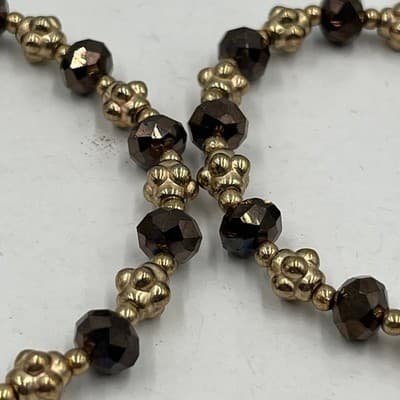 Vintage Gold Tone & Smoky Brown Faceted Glass Bead Stretch Bracelet Set of Two - Thumbnail 2