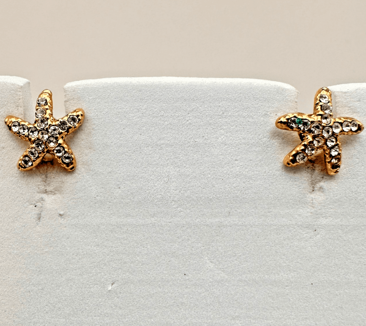 Vintage 90s Tiny Gold Starfish Stud Earrings Sparkling Clear Rhinestones jewelry - Image 1
