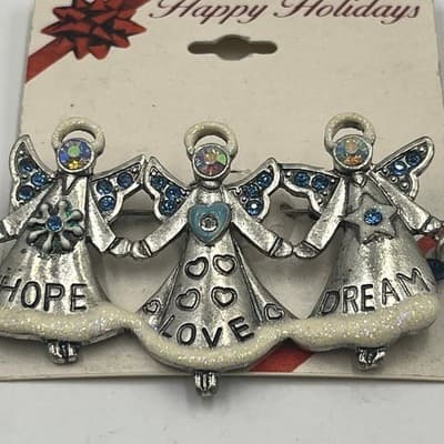 Vintage Silver Tone Three Angels Brooch Pin Hope Love Dream Blue Crystal Enamel - Thumbnail 3