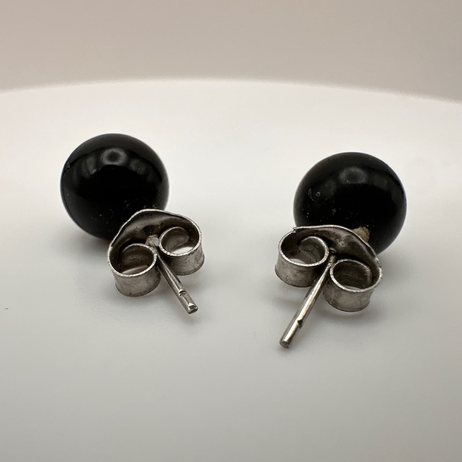 Vintage 90s Round Black Onyx Ball Stud Earrings Silver tone Posts Jewelry - Thumbnail 6