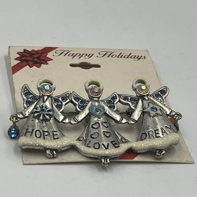 Vintage Silver Tone Three Angels Brooch Pin Hope Love Dream Blue Crystal Enamel - Thumbnail 4