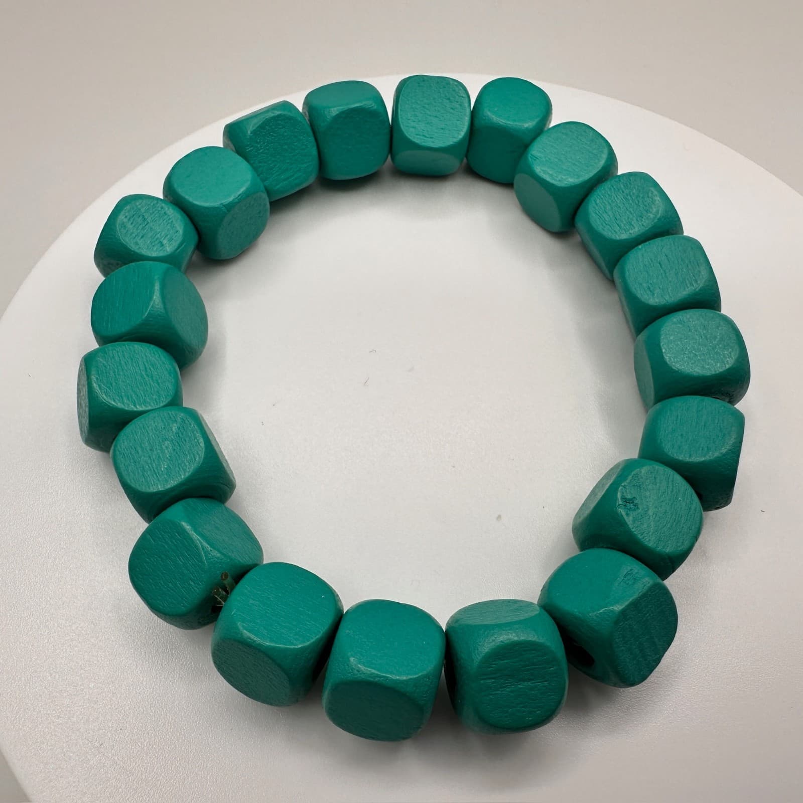 Vintage 90s Green Wooden Cube Bead Stretch Bracelet Boho Handmade Jewelry - Thumbnail 6