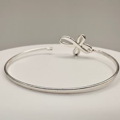Vintage Y2K Silver Tone Bow Hand Bangle Bracelet Clear Rhinestone Boho Jewelry - Thumbnail 7