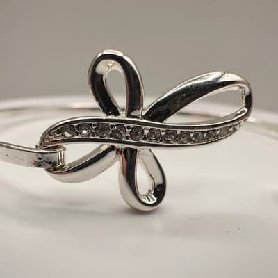 Vintage Y2K Silver Tone Bow Hand Bangle Bracelet Clear Rhinestone Boho Jewelry - Thumbnail 4