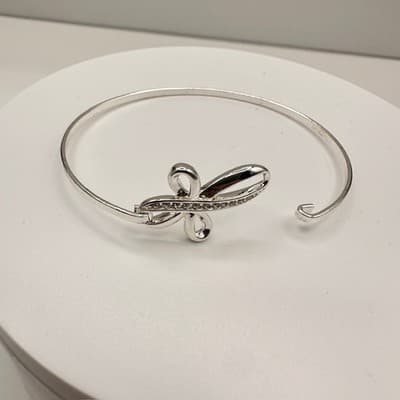 Vintage Y2K Silver Tone Bow Hand Bangle Bracelet Clear Rhinestone Boho Jewelry - Thumbnail 3