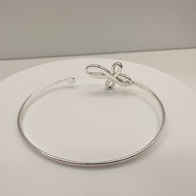 Vintage Y2K Silver Tone Bow Hand Bangle Bracelet Clear Rhinestone Boho Jewelry - Thumbnail 8