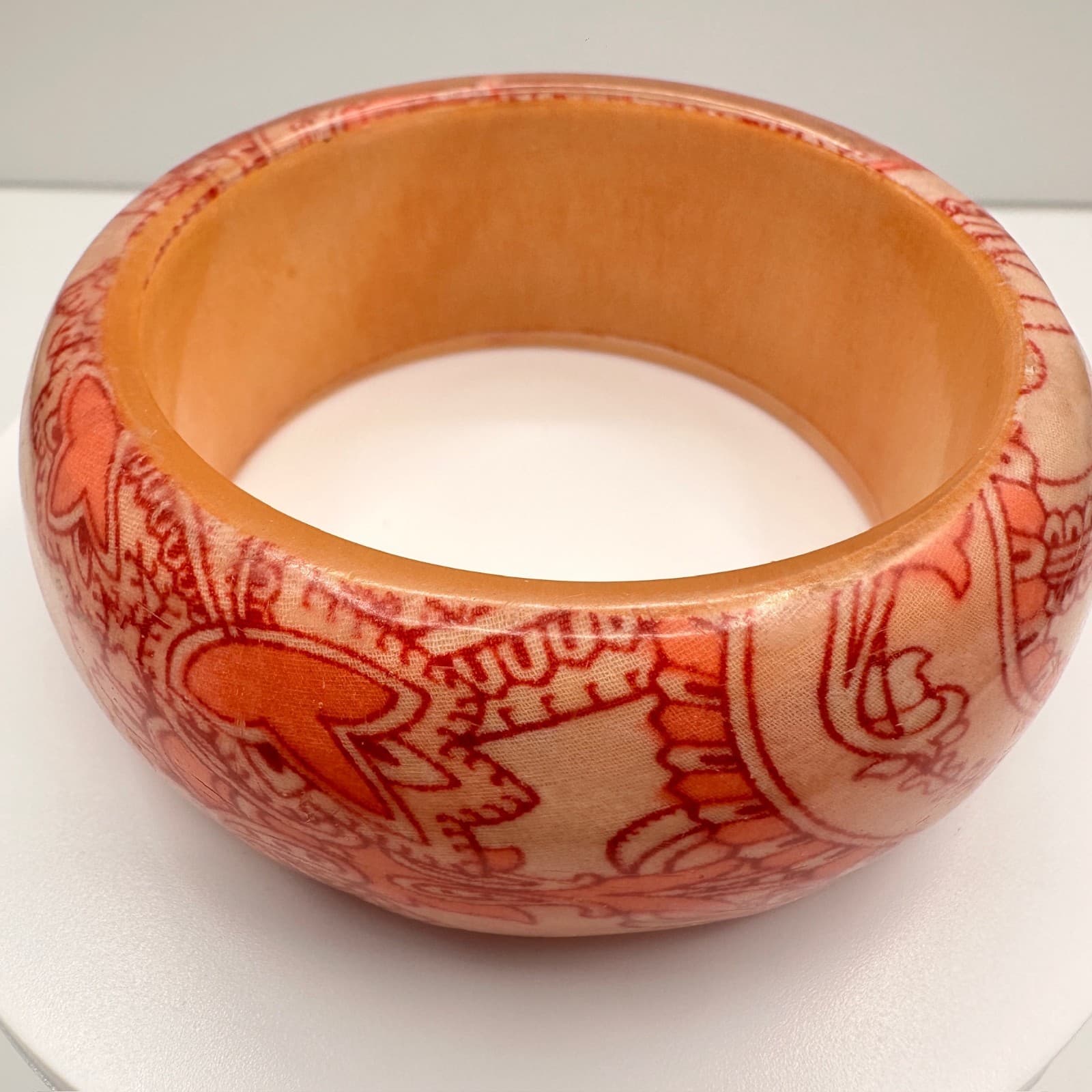 Vintage 90s Paisley Decoupage Wooden Bangle Bracelet Wide Statement Jewelry - Thumbnail 5