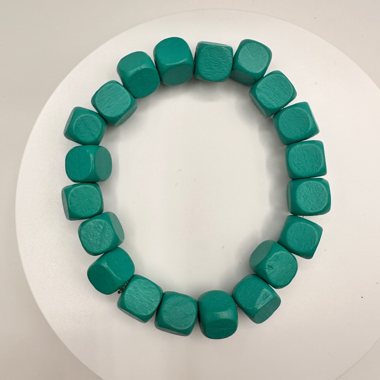 Vintage 90s Green Wooden Cube Bead Stretch Bracelet Boho Handmade Jewelry - Image 1