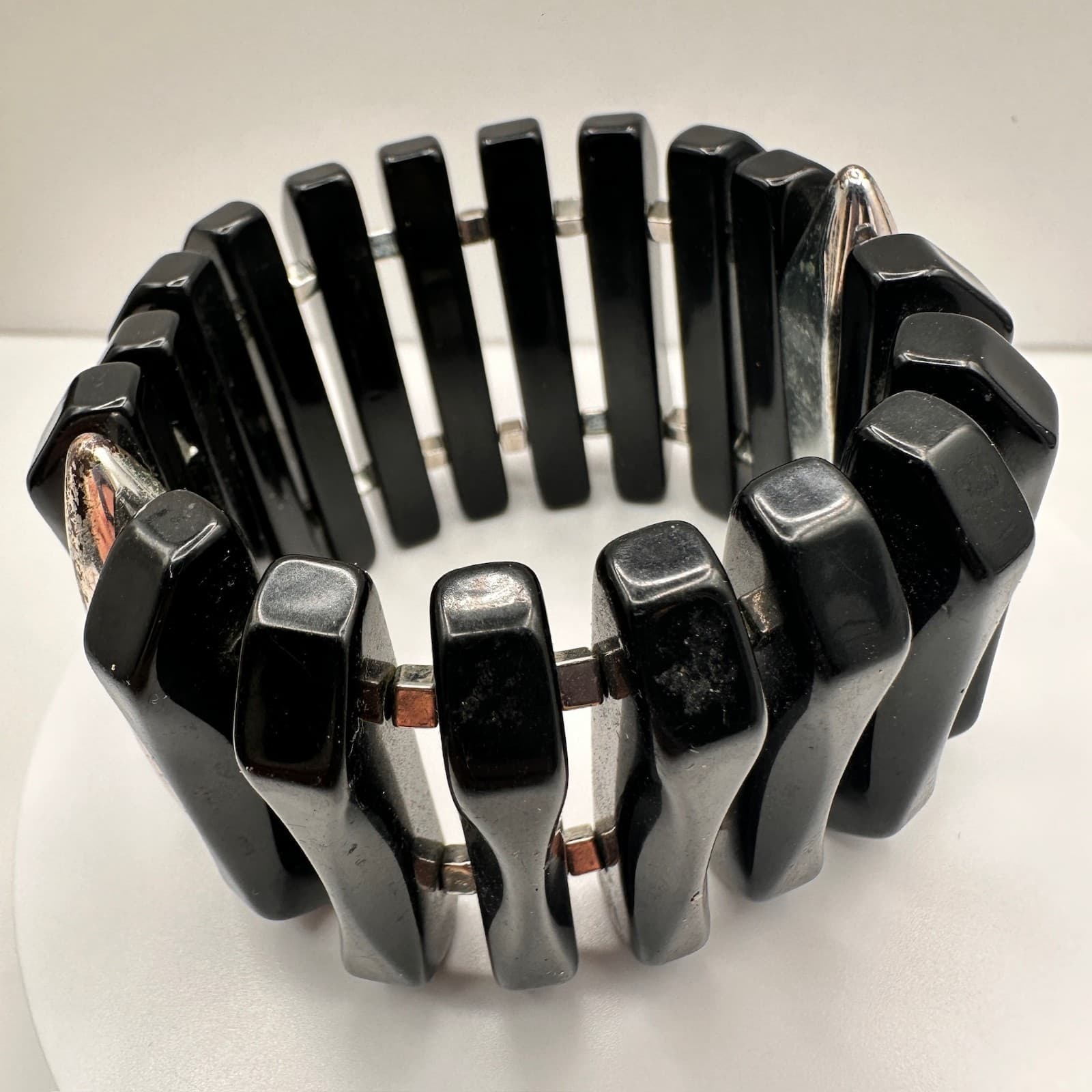 Vintage 80s 90s Black Beaded Stretch Bracelet Silver Tone Spacer Chunky Jewelry - Thumbnail 11