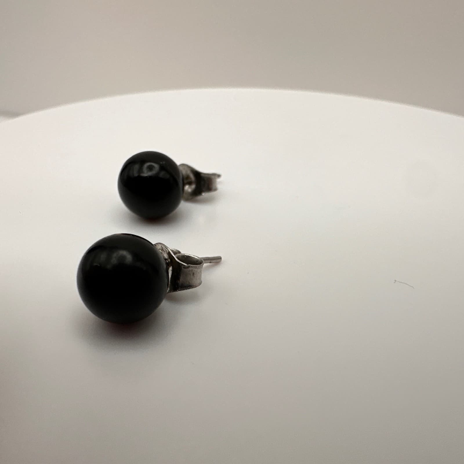 Vintage 90s Round Black Onyx Ball Stud Earrings Silver tone Posts Jewelry - Thumbnail 5