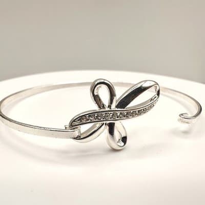 Vintage Y2K Silver Tone Bow Hand Bangle Bracelet Clear Rhinestone Boho Jewelry - Thumbnail 2