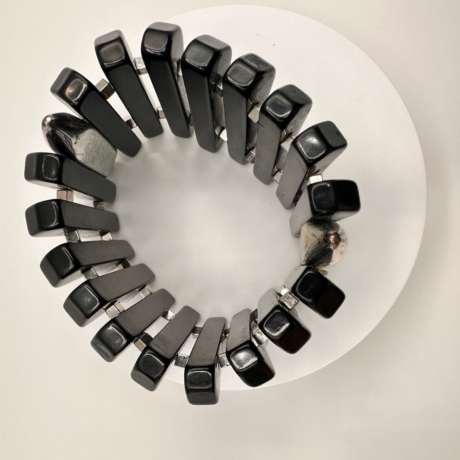 Vintage 80s 90s Black Beaded Stretch Bracelet Silver Tone Spacer Chunky Jewelry - Thumbnail 9