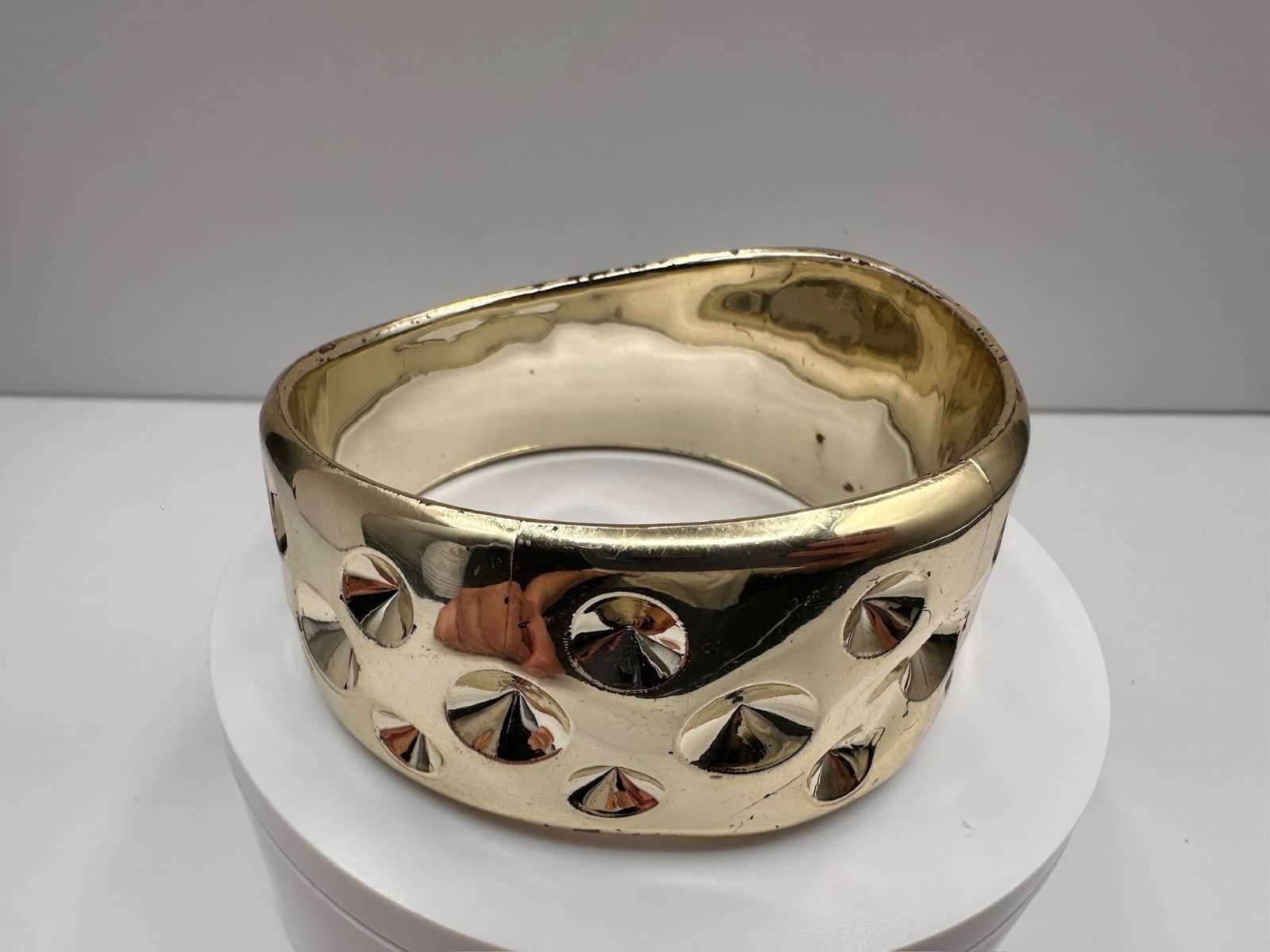 Vintage 90s Gold Tone Wide Cuff Bracelet Studded Dome Design Fashion Jewelry - Thumbnail 2