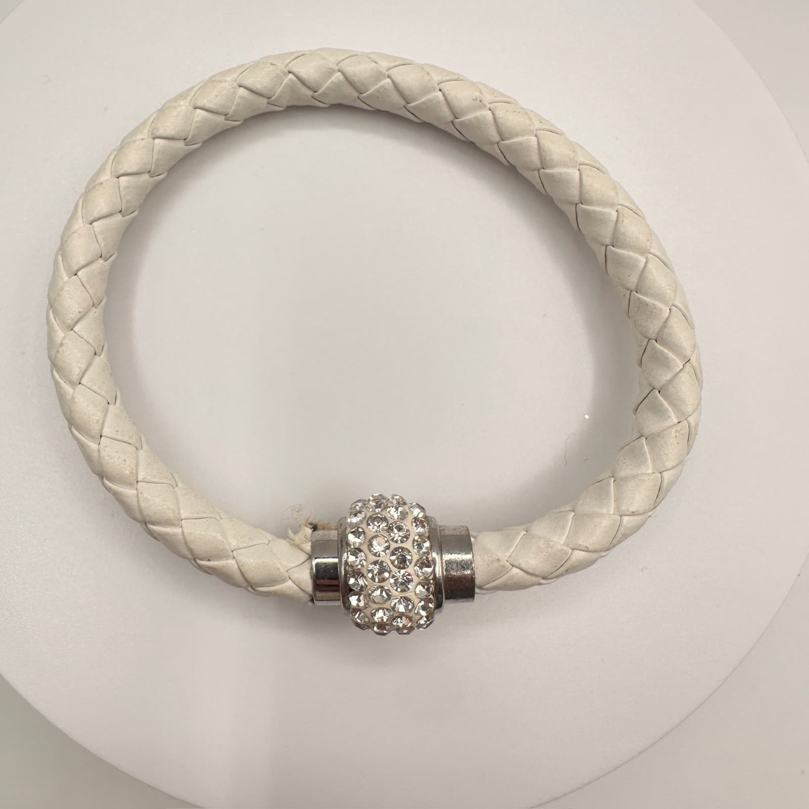 Vintage White Braided Leather Bracelet Crystal Rhinestone Bead Silver Tone Clasp - Thumbnail 6