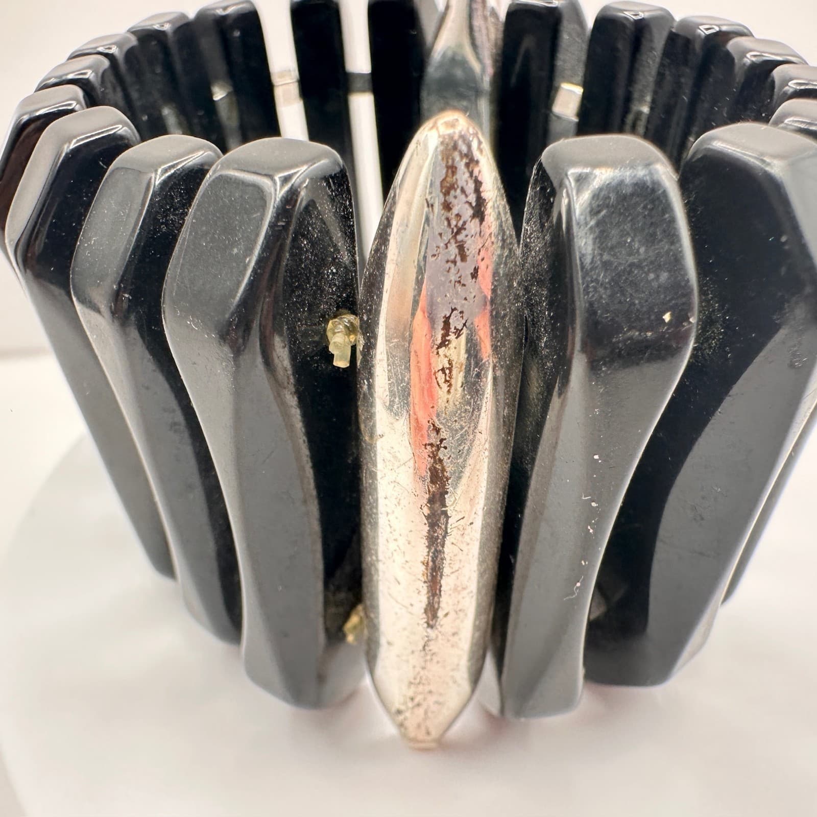 Vintage 80s 90s Black Beaded Stretch Bracelet Silver Tone Spacer Chunky Jewelry - Thumbnail 7