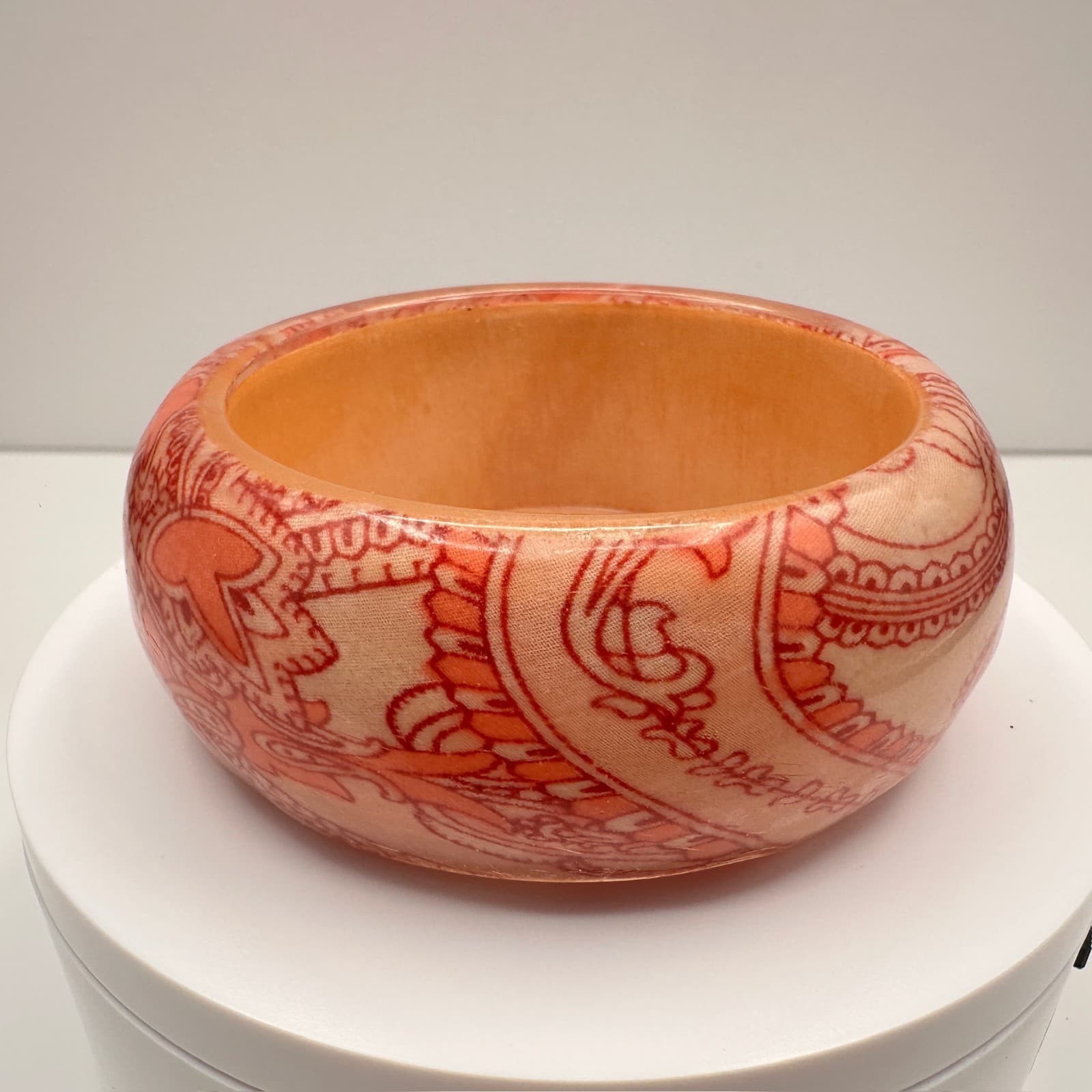 Vintage 90s Paisley Decoupage Wooden Bangle Bracelet Wide Statement Jewelry - Image 1